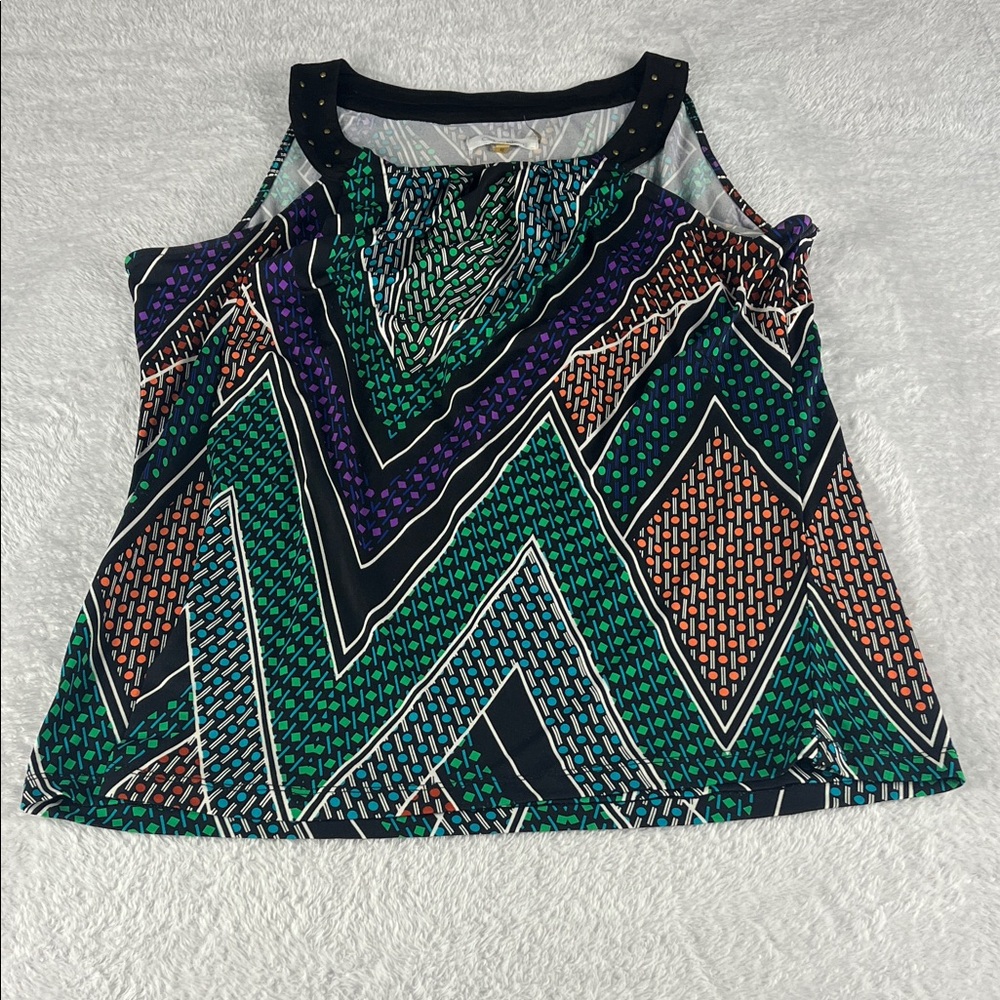Calvin Klein Women's XL Black w/ Multicolor‎ Geometric Pattern Sleeveless Blouse